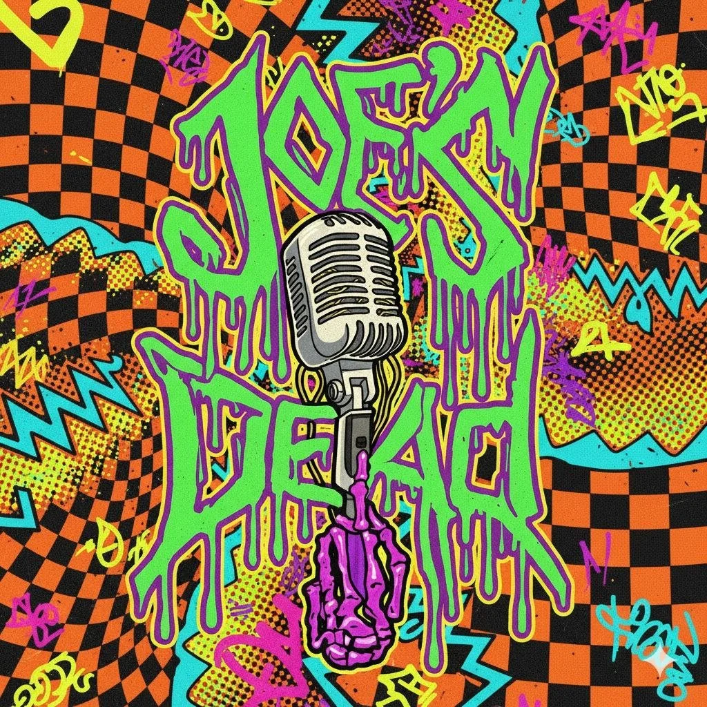 Colorful graffiti-style illustration featuring a vintage microphone and stylized spray-painted text that says 'TOUR THE MIC' against a vibrant, geometric patterned background with zigzag lines, checkerboards, and graffiti tags.