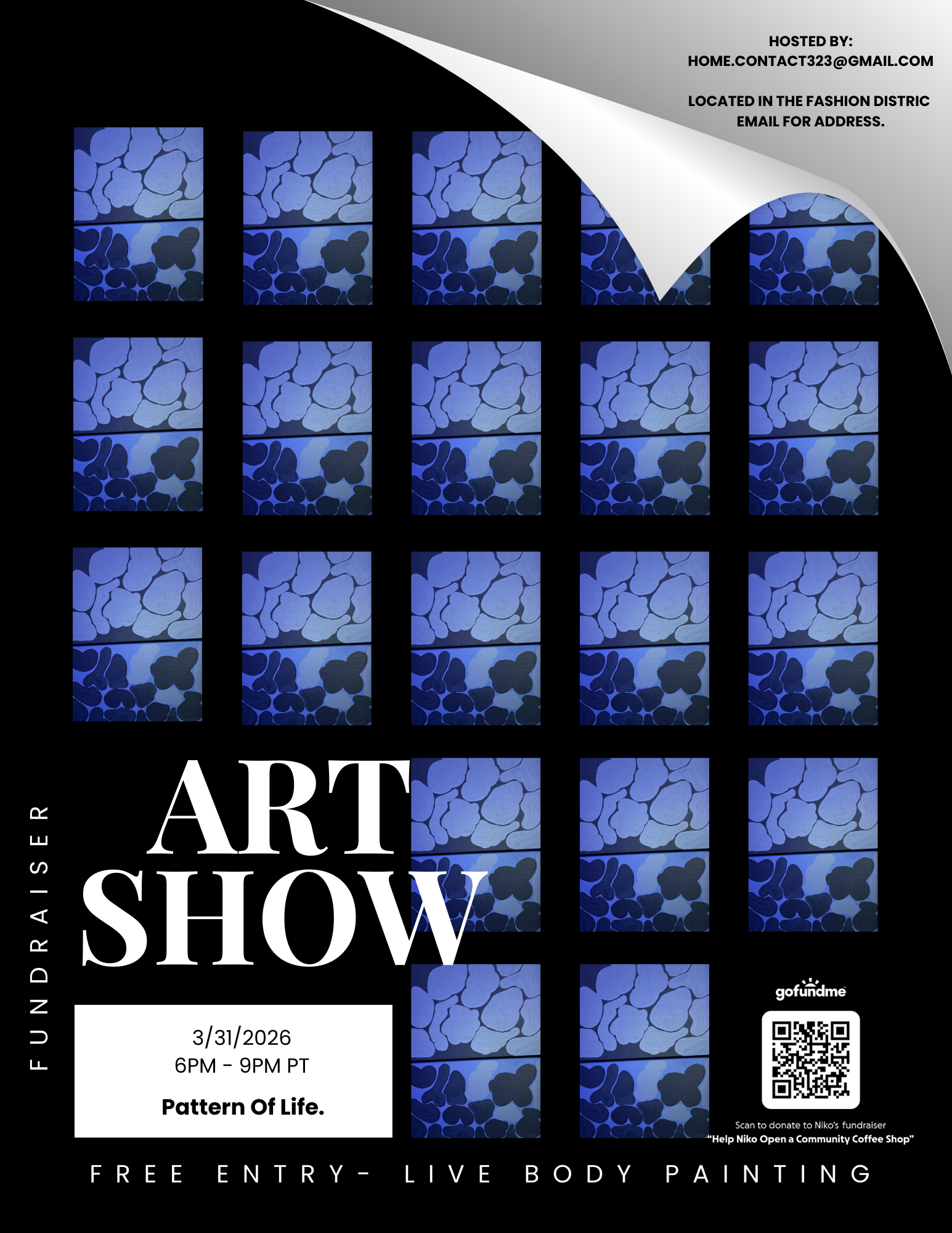 Black poster with blue pattern of abstract shapes, promoting an art show and live body painting event on March 31, 2026, from 6 PM to 9 PM, hosted by a contact email. Includes a QR code and a note about supporting a community fundraiser.