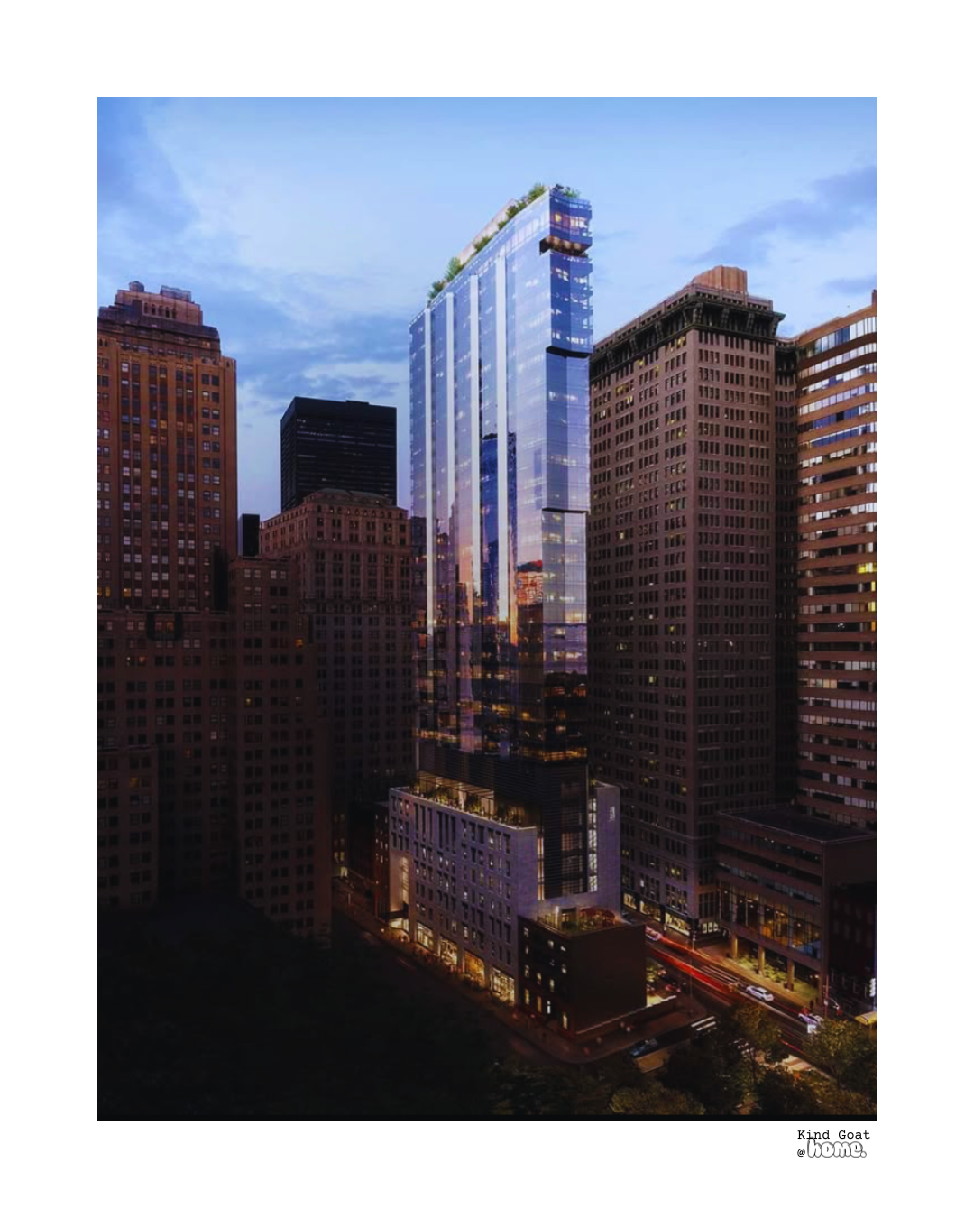 Nighttime cityscape with tall modern glass skyscraper reflecting lights, surrounded by older brick high-rise buildings, illuminated street with car lights, blue sky with clouds.