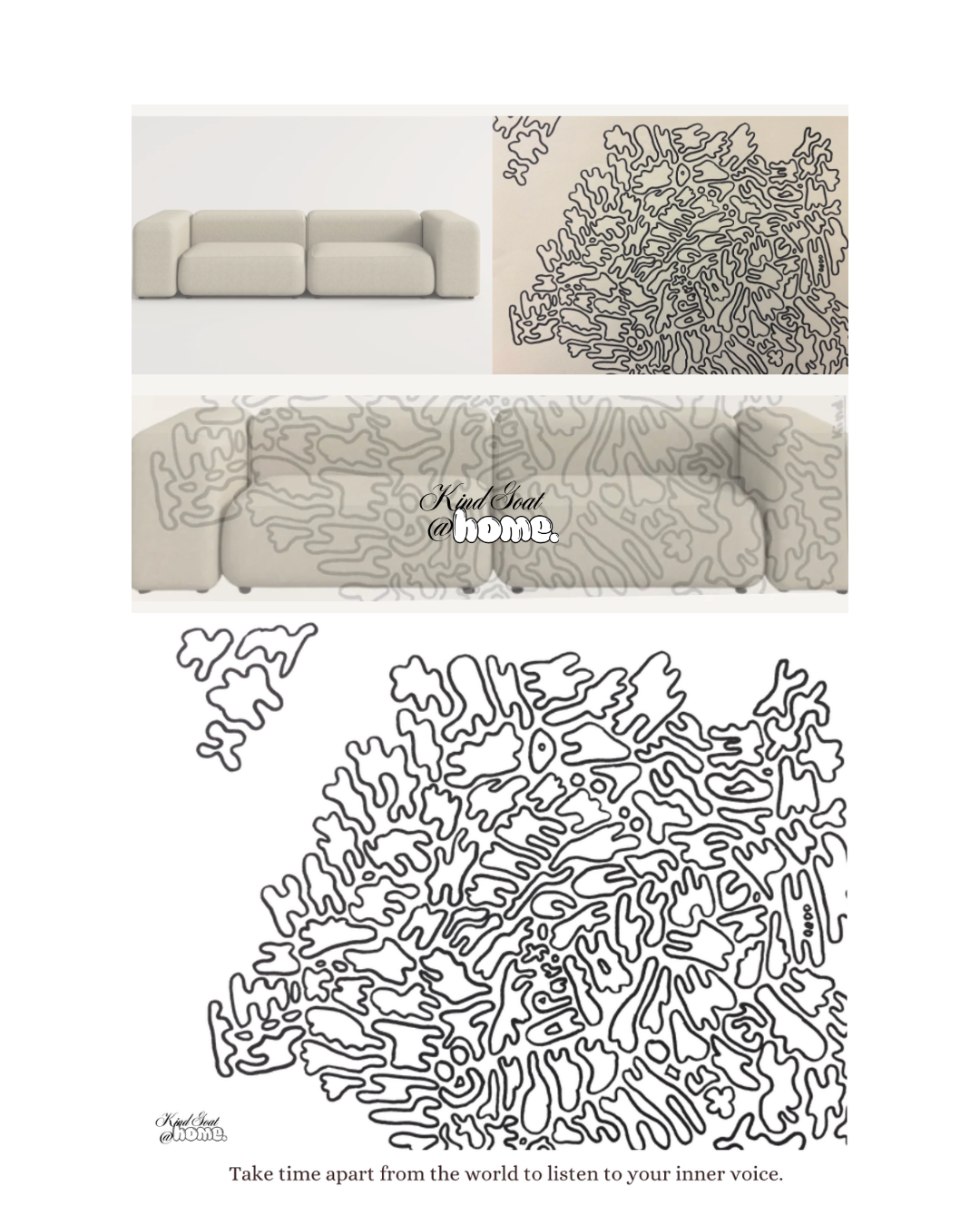 Design with a white sofa, abstract black line art in the background, and a quote that reads, 'Take time apart from the world to listen to your inner voice.'