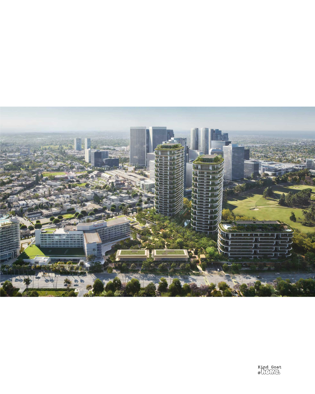 A cityscape with modern high-rise buildings, including three cylindrical towers with green rooftops, surrounded by greenery and lower buildings.