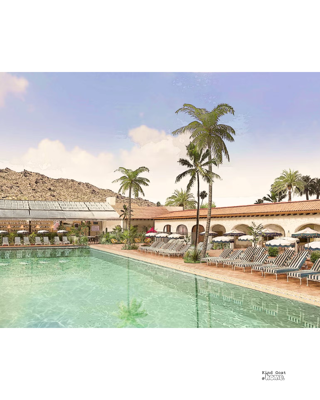 A swimming pool area at a resort with lounge chairs, umbrellas, palm trees, and a building with arches in a tropical setting.