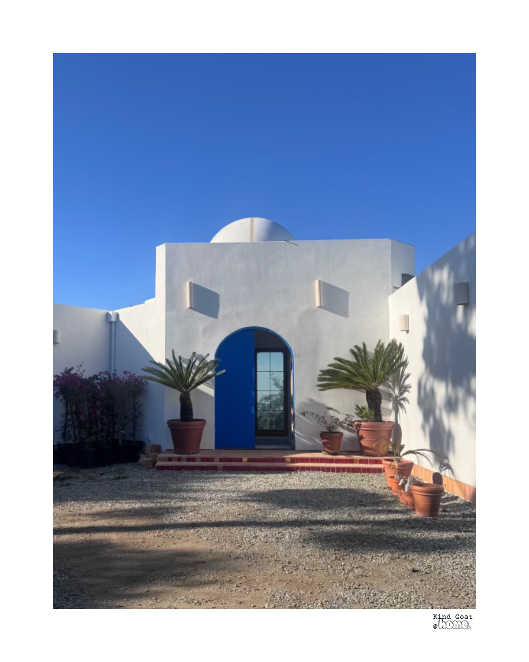 A white building with a blue arched doorway, potted palm trees, and a clear blue sky.