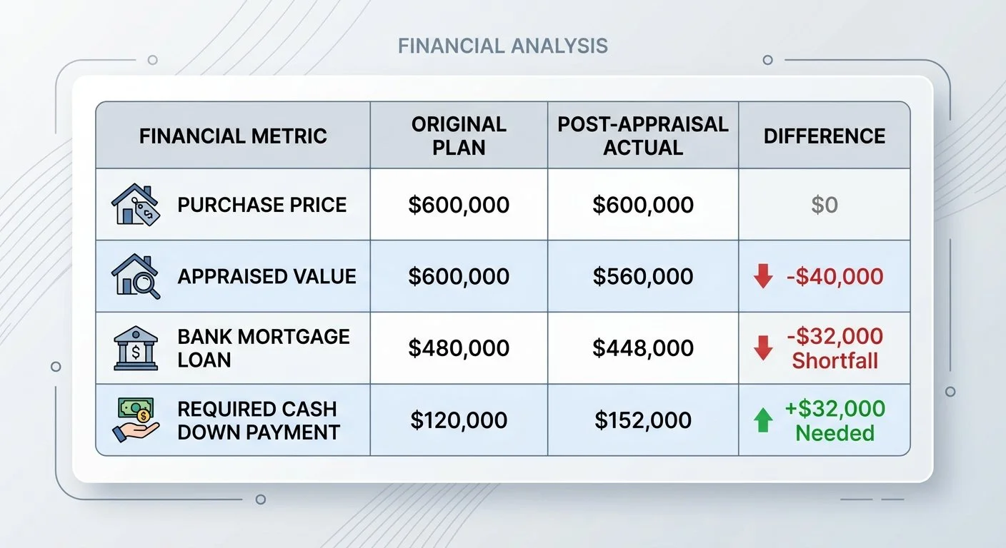 Financial breakdown comparison table showing a $32,000 appraisal gap calculation on a $600,000 home purchase in Halifax Nova Scotia.