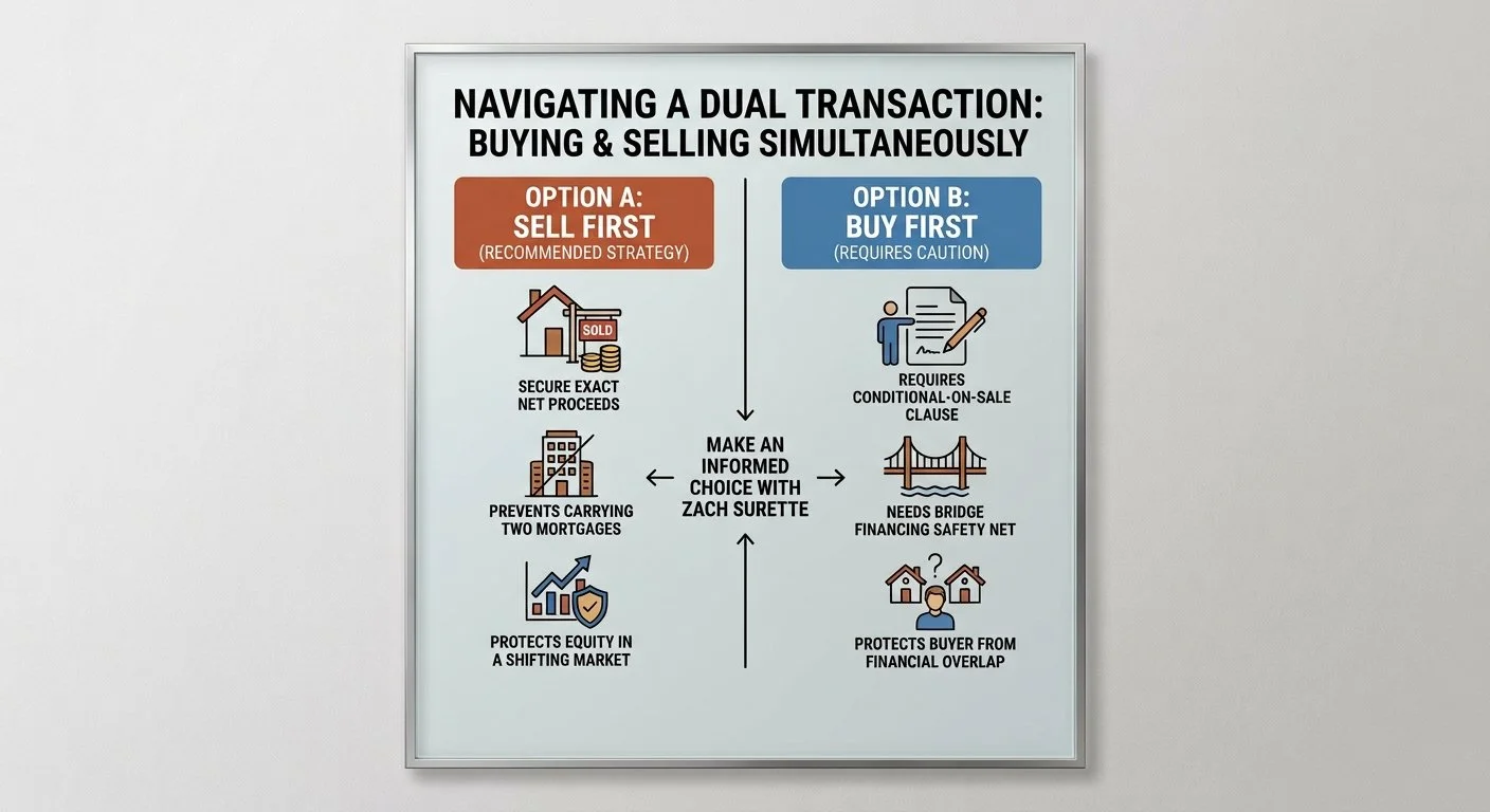 Infographic comparing the strategies of selling first versus buying first when navigating a dual real estate transaction in Halifax.