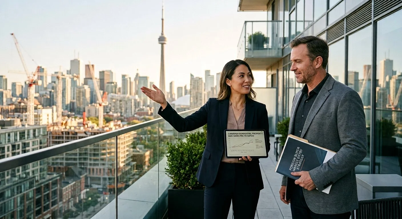 Real estate advisor presenting market data on a tablet to an investor on a luxury condo balcony overlooking the urban Canadian skyline and CN Tower in Toronto.