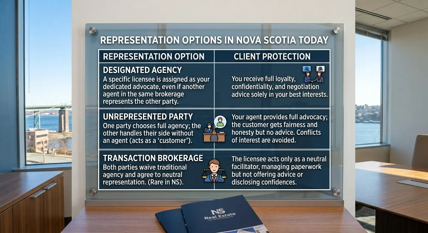 A table mounted on a glass panel inside a real estate office outlining real estate representation options and client protections in Nova Scotia, including Designated Agency, Unrepresented Party, and Transaction Brokerage.
