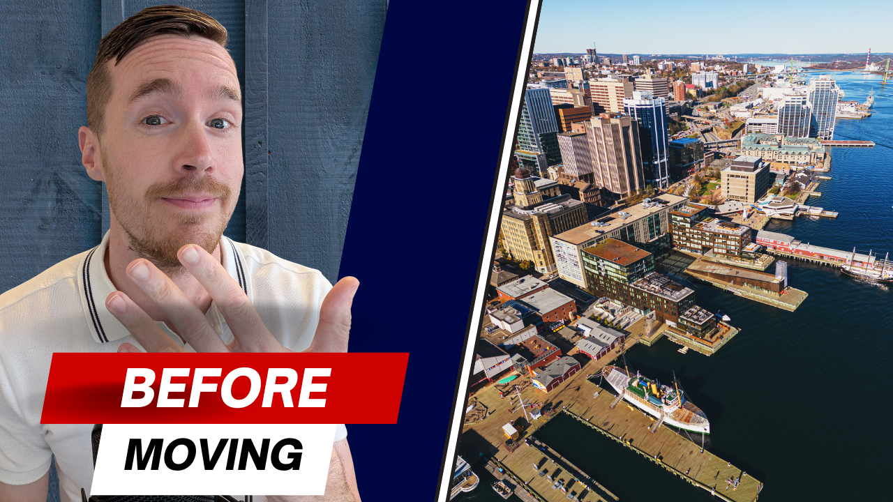 A split image with a man on the left and an aerial view of a city and waterfront on the right. The man has short brown hair, a beard, and is wearing a white shirt, smiling with a raised eyebrow. Overlaid text reads "BEFORE MOVING" in bold letters on a red and white background.