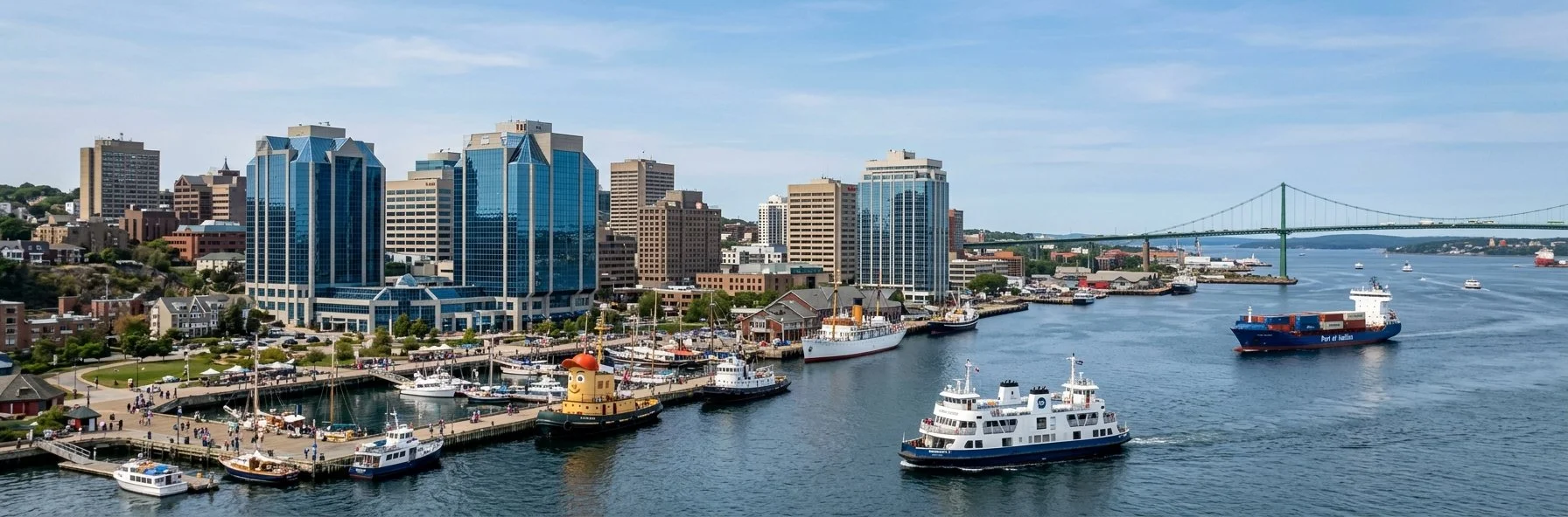Panoramic view of downtown Halifax waterfront, Halifax Harbor, and the Macdonald Bridge in Nova Scotia, Canada.