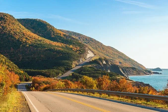 Scenic view of the winding Cabot Trail highway along Nova Scotia's ocean coastline featuring vibrant orange, red, and yellow autumn leaves on rolling mountains.