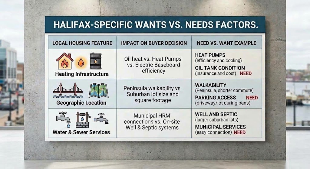Infographic chart displaying Halifax-specific wants vs. needs home buyer factors including heating infrastructure, geographic location trade-offs, and municipal water vs. septic systems.