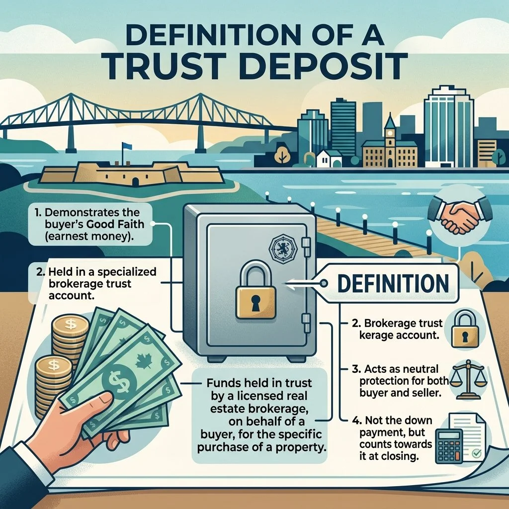 Educational graphic defining a real estate trust deposit in Nova Scotia, detailing good faith commitment, neutral brokerage trust account storage, and closing cost application, set against a Halifax waterfront backdrop.