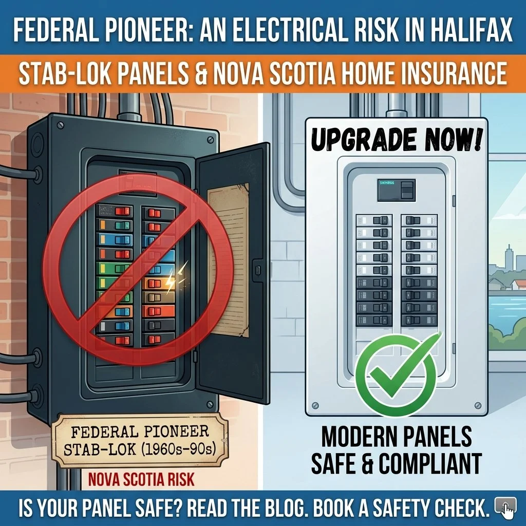 Side-by-side infographic comparing an unsafe Federal Pioneer Stab-Lok electrical panel flagged with a red cross mark to a modern, compliant electrical panel upgrade for Halifax homes.