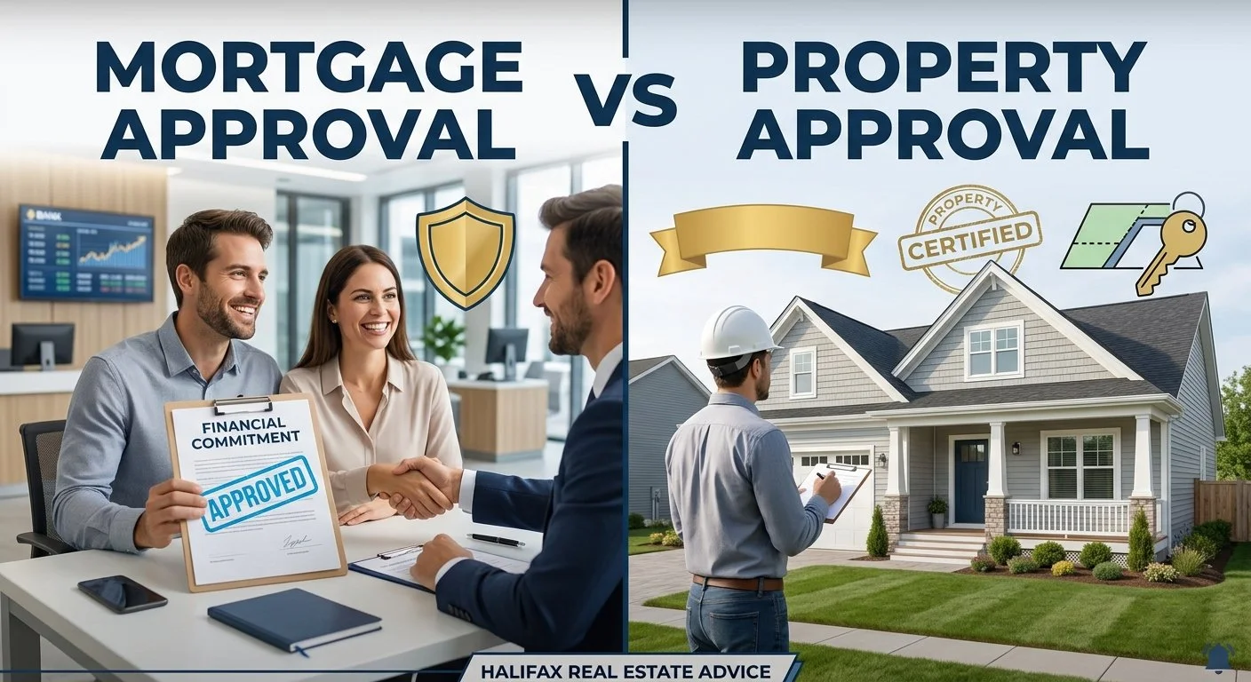 Split graphic comparing mortgage borrower approval in an office with a home property appraisal inspection in Halifax Nova Scotia.