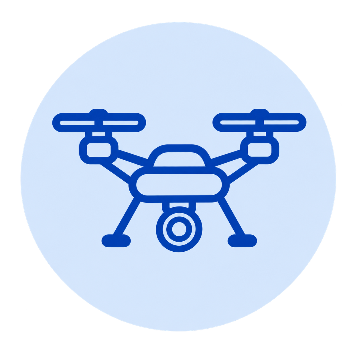 Icon of a drone with four propellers, landing gear, and camera.