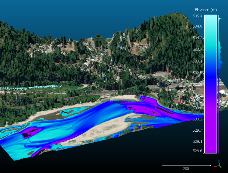 A topographical map of a river valley showing different elevation levels, with lush green mountains, trees, and a winding river with blue and purple shading indicating elevation changes.