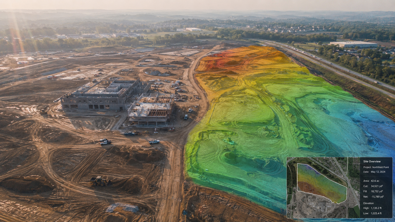 Aerial view of a construction site with a partially built building and surrounding earthworks, with a color-coded overlay on the right indicating elevation levels and site outline in a map inset.