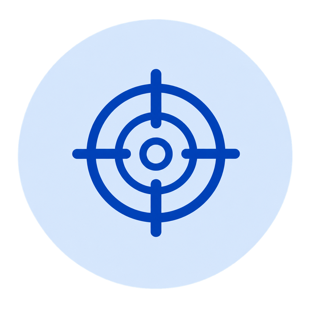 Icon of a target with crosshairs inside a circle, colored in dark blue on a light background.