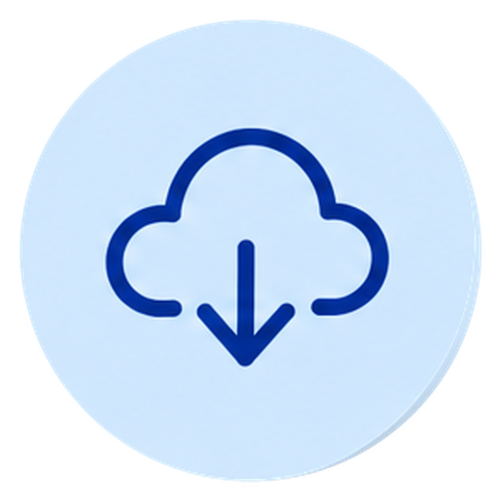 Blue cloud icon with a downward arrow in the center, representing cloud download or cloud storage download.