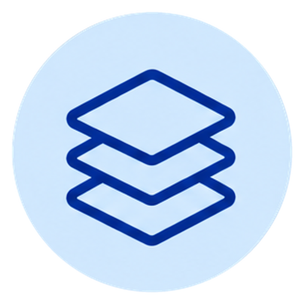 Icon with layered squares, representing a digital or data layer concept.