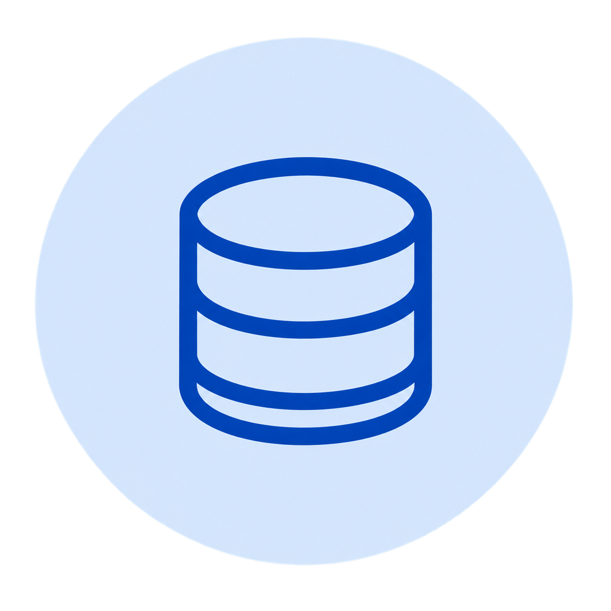 Icon of a database, represented by a cylindrical stack of disks, in blue on a light blue circular background.