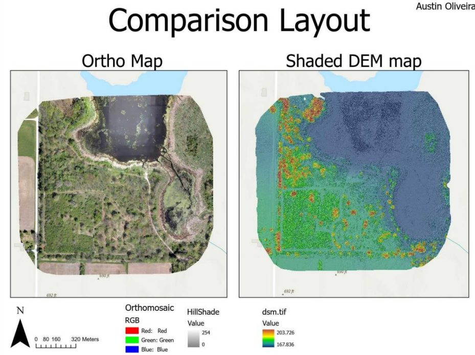 Comparison layout image with two maps: An orthomosaic map of a landscape on the left showing a lake, greenery, and trails, and a shaded DEM map on the right with colored elevation data. The maps are labeled 'Ortho Map' and 'Shaded DEM map' and include a legend, scale bar, and north arrow.