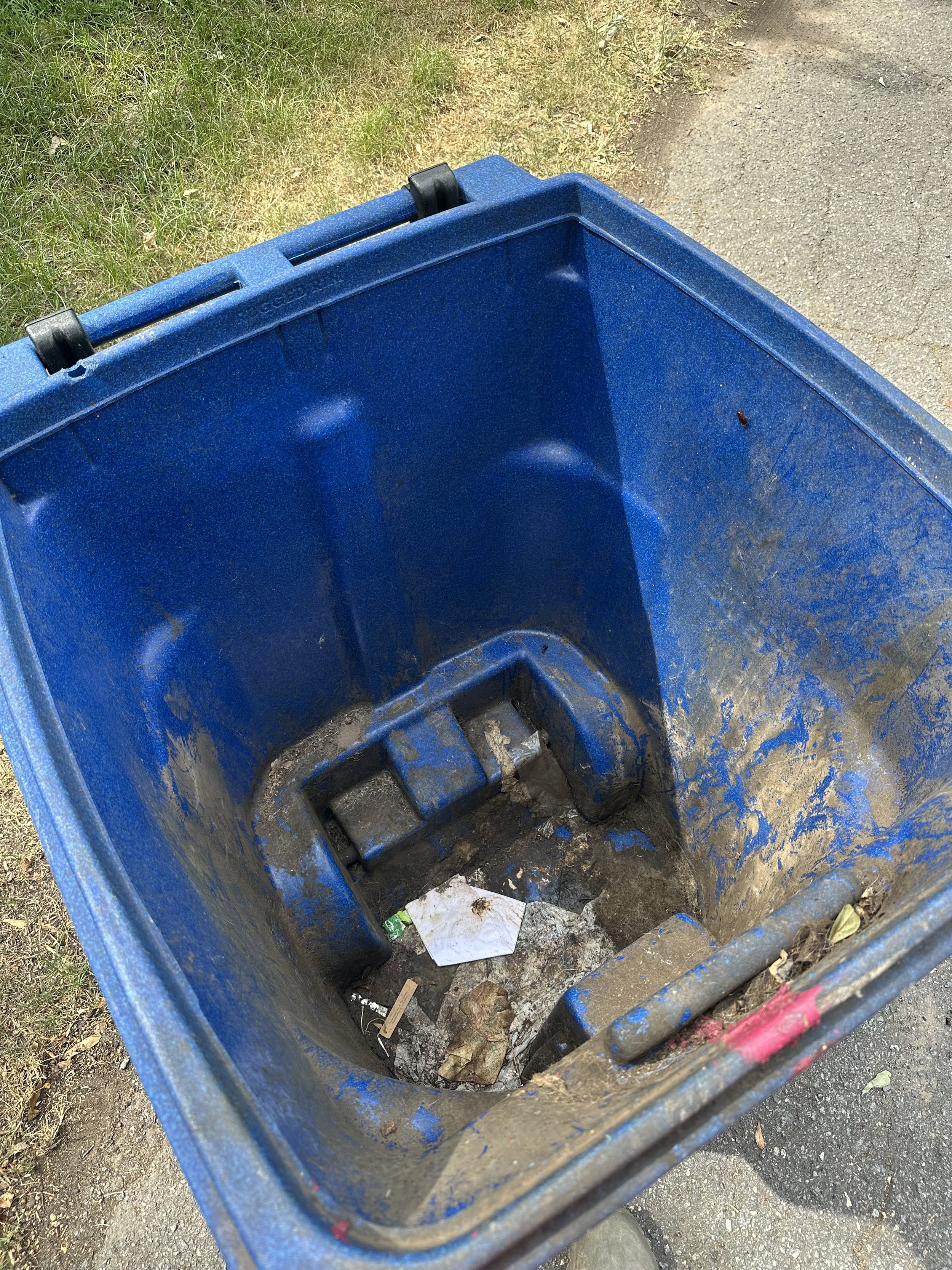 Blue trash can with some trash and debris inside, placed outdoors on a dirt path next to grass.