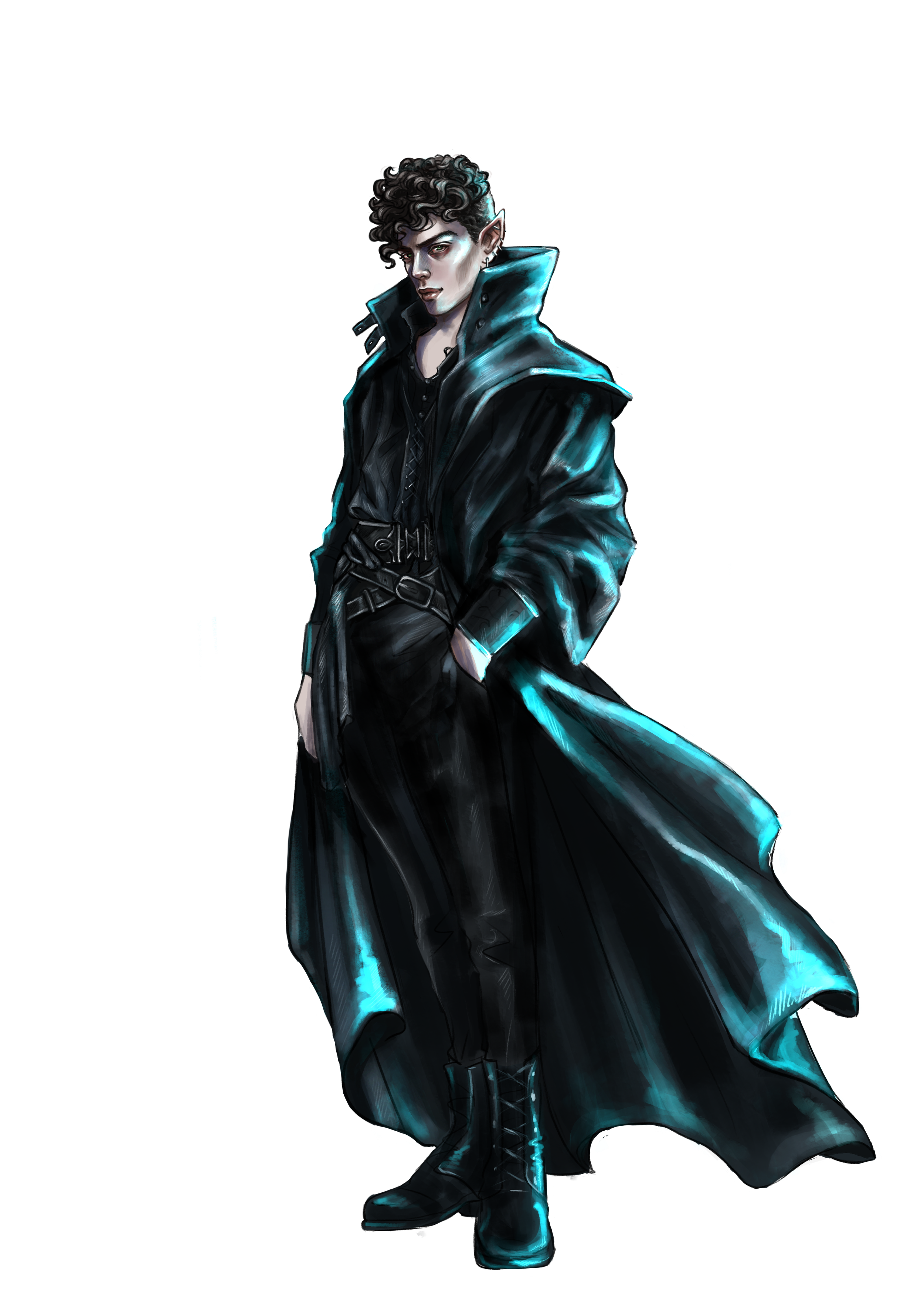 This image features a cutout of male character art. He wears a long jacket and his hand is in his pocket. This character was created by artist Karina Giada.