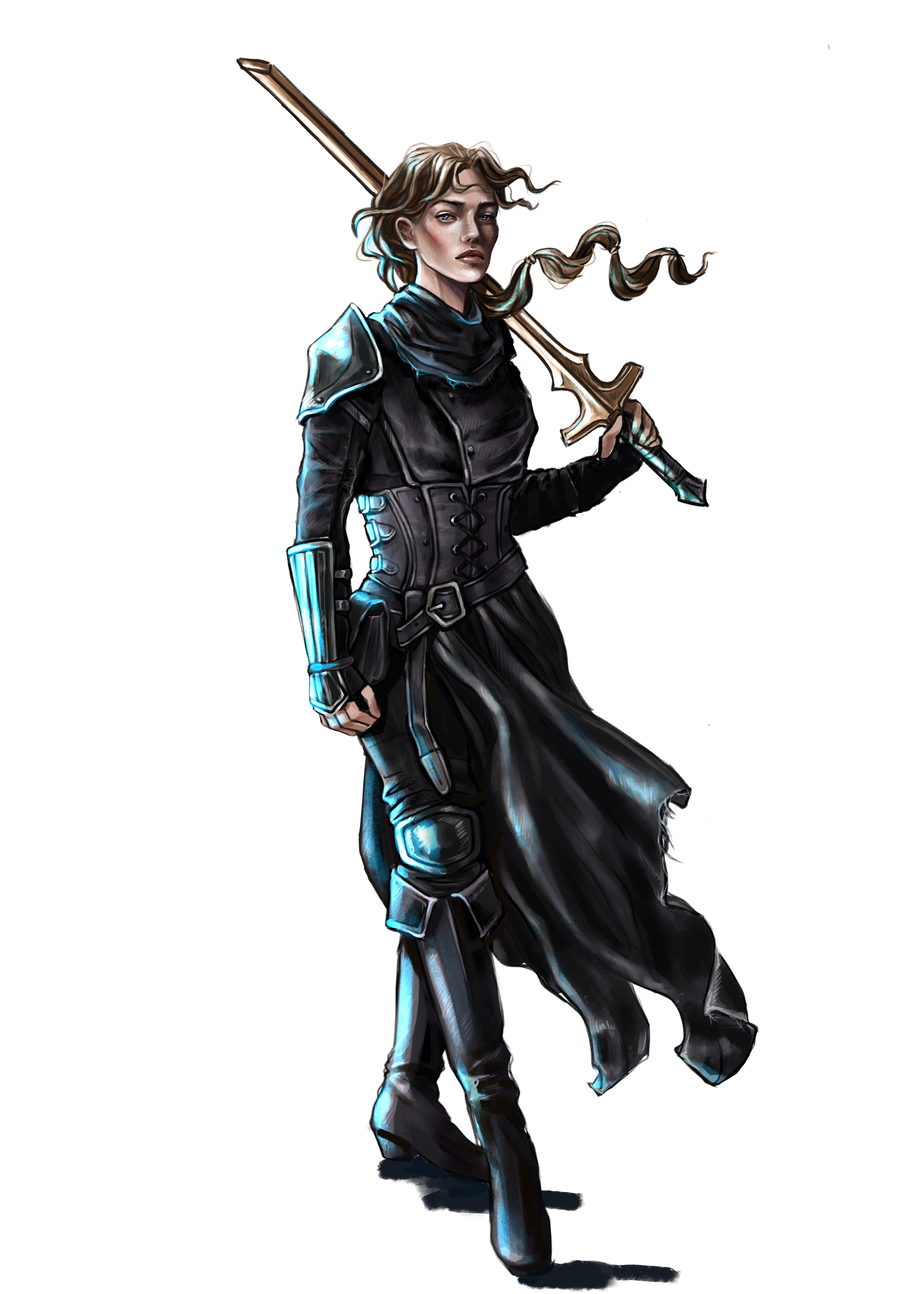 This image features the same female protagonist that is on the cover of Divinity Fallen. She holds a golden sword that rests on her shoulder. The artist of this piece is Karina Giada.
