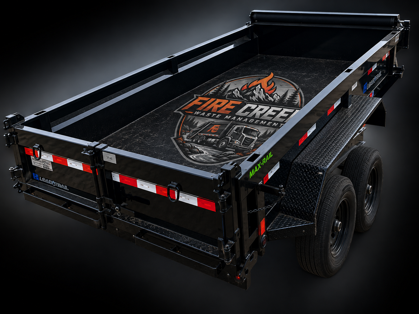 A black flatbed trailer with dual axles and large tires, featuring a logo for Fire Creek Waste Management on the deck, along with reflectors and safety markings.