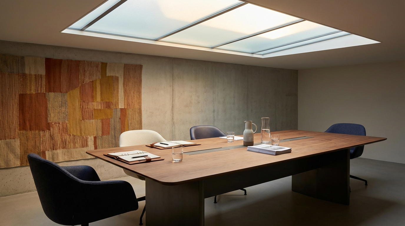 Empty modern conference room with a wooden table, four chairs, books, notebooks, glasses of water, a pitcher, and a vase. Skylight providing natural light.
