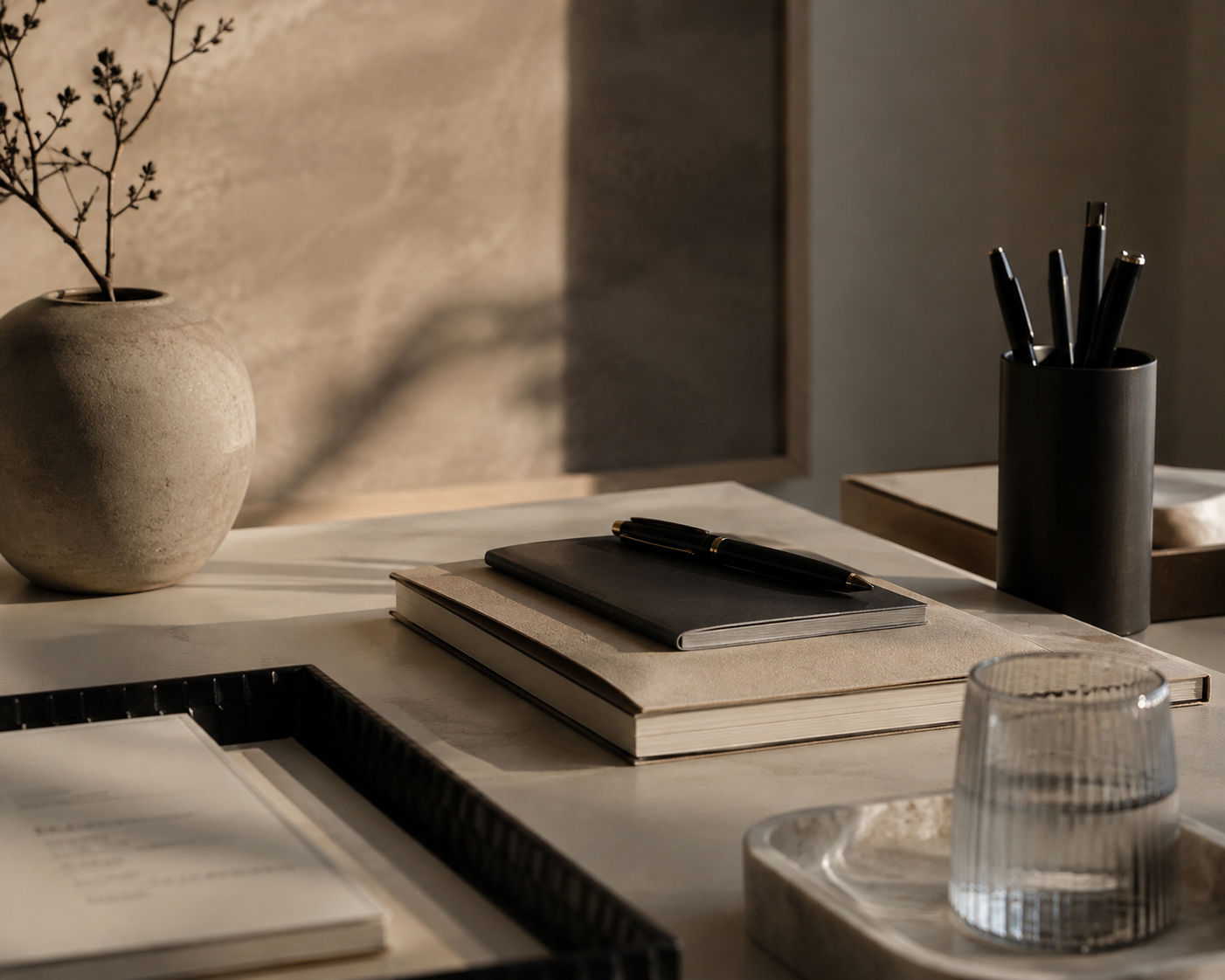 A minimalist desk setup with a beige vase containing a branch, a black cup holding pens, a closed black notebook, and various papers and notebooks on a white table, with warm lighting creating soft shadows.