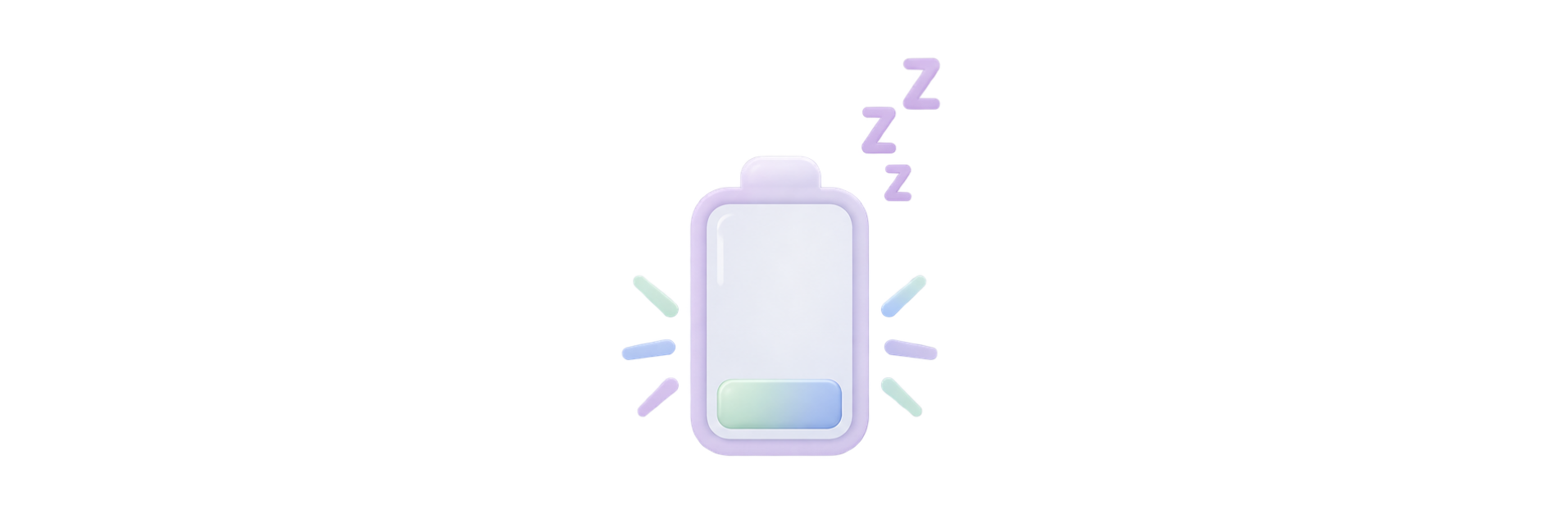 Digital illustration of a nearly empty smartphone battery icon with purple outline, surrounded by colorful lines, with purple 'Z's indicating sleep.