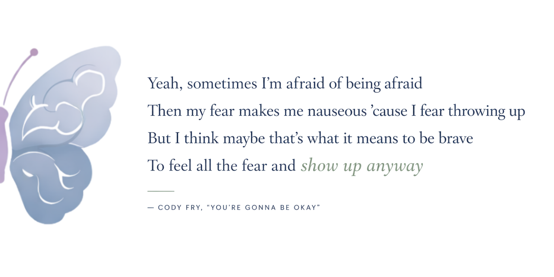 Quote by Cody Fry, 'You're Gonna Be Okay,' with a stylized illustration of a brain on the left side.