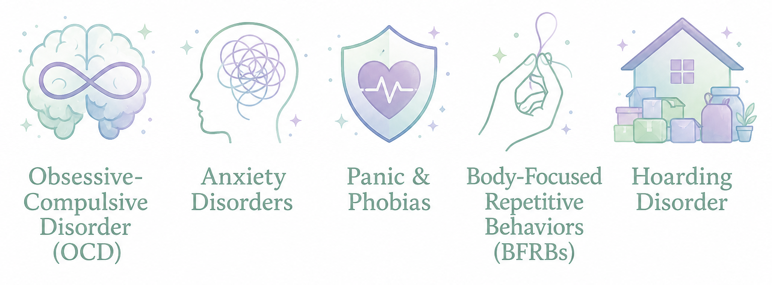 Illustration of mental health conditions and behaviors including obsessive-compulsive disorder, anxiety disorders, panic and phobias, body-focused repetitive behaviors, and hoarding disorder.