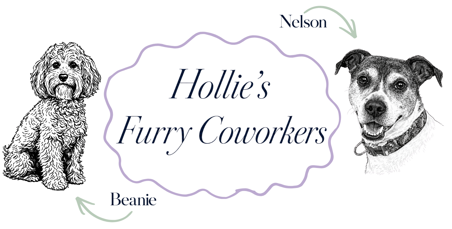 Logo for Hollie's Furry Coworkers with a dog illustration, featuring two dogs named Beanie and Nelson.