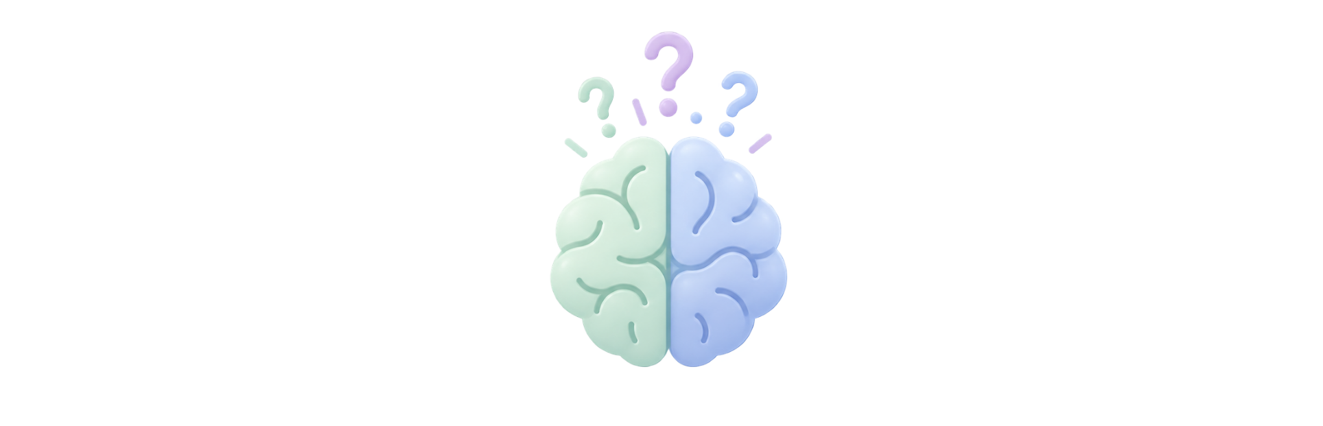 Illustration of a human brain divided into two parts, with question marks above indicating confusion or curiosity.