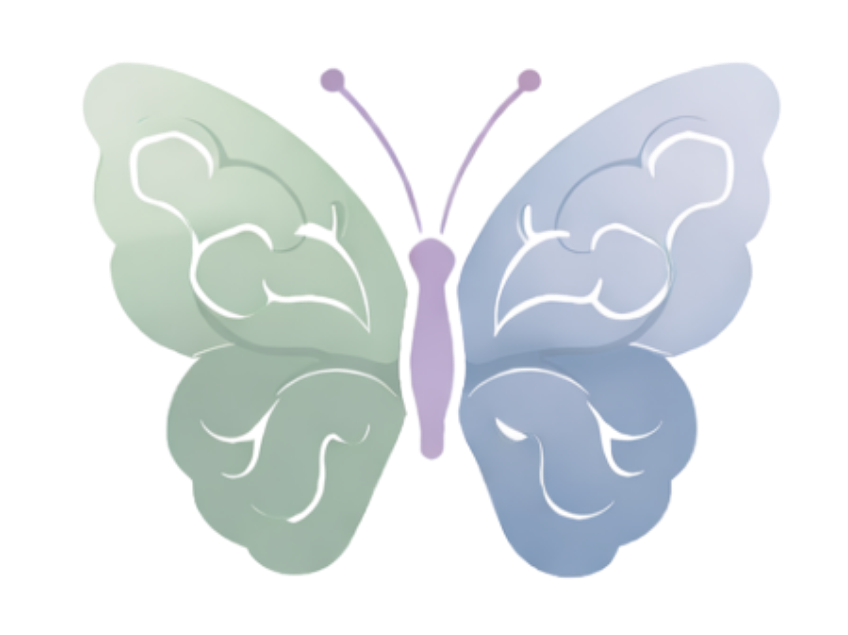 A decorative butterfly with light pastel green and blue wings.