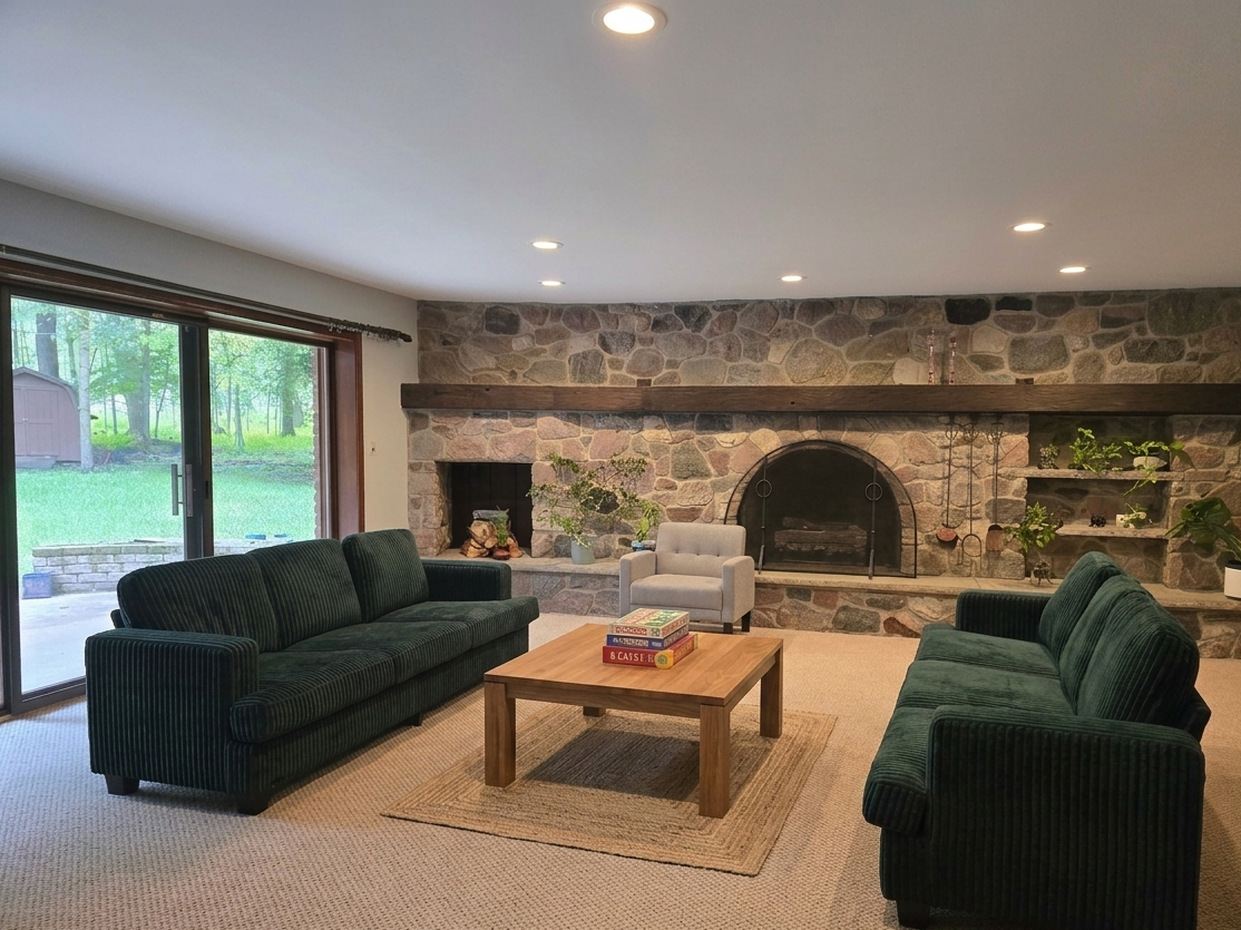 Spacious living room with stone fireplace, comfortable green sofas, and board games inside New Soil Sober Living men's residence in Northeast Pennsylvania