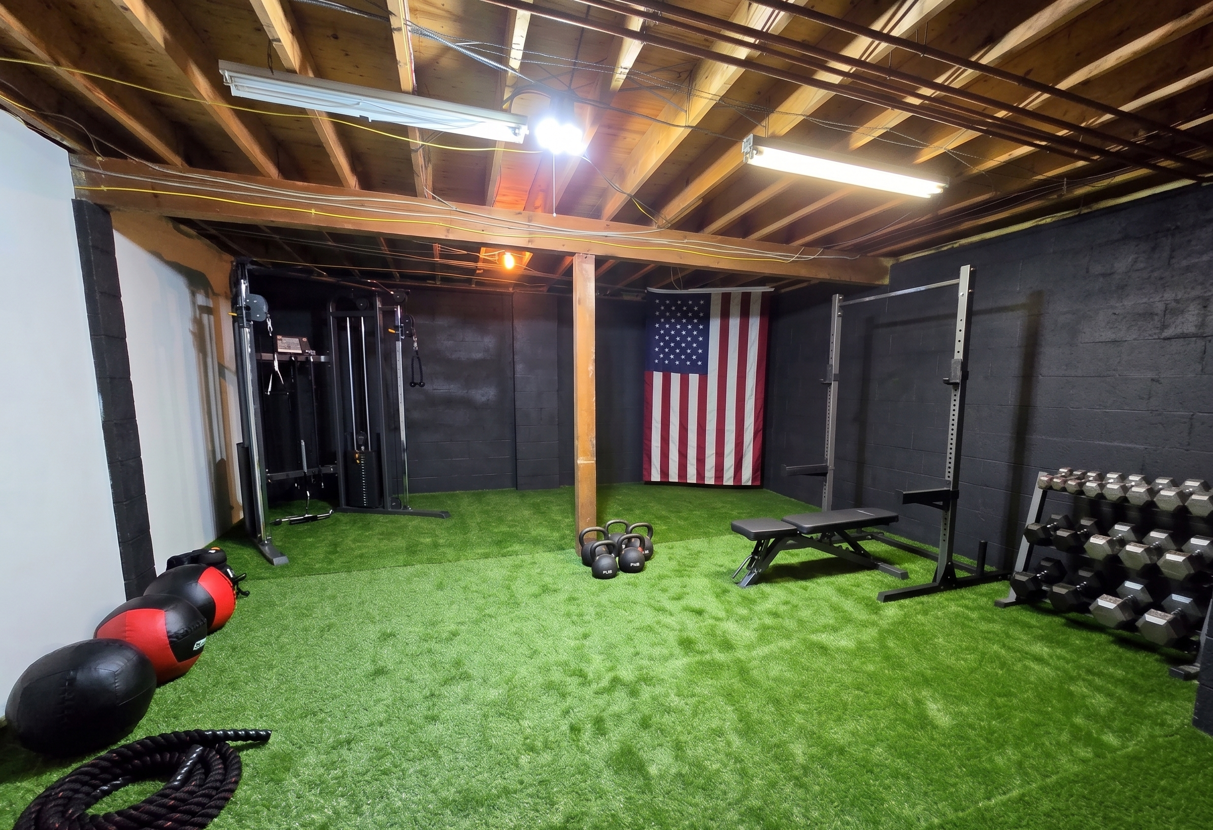 On-site gym and training area featuring artificial turf flooring, squat rack, dumbbells, battle ropes, and functional cable machine at New Soil Sober Living in Northeast Pennsylvania