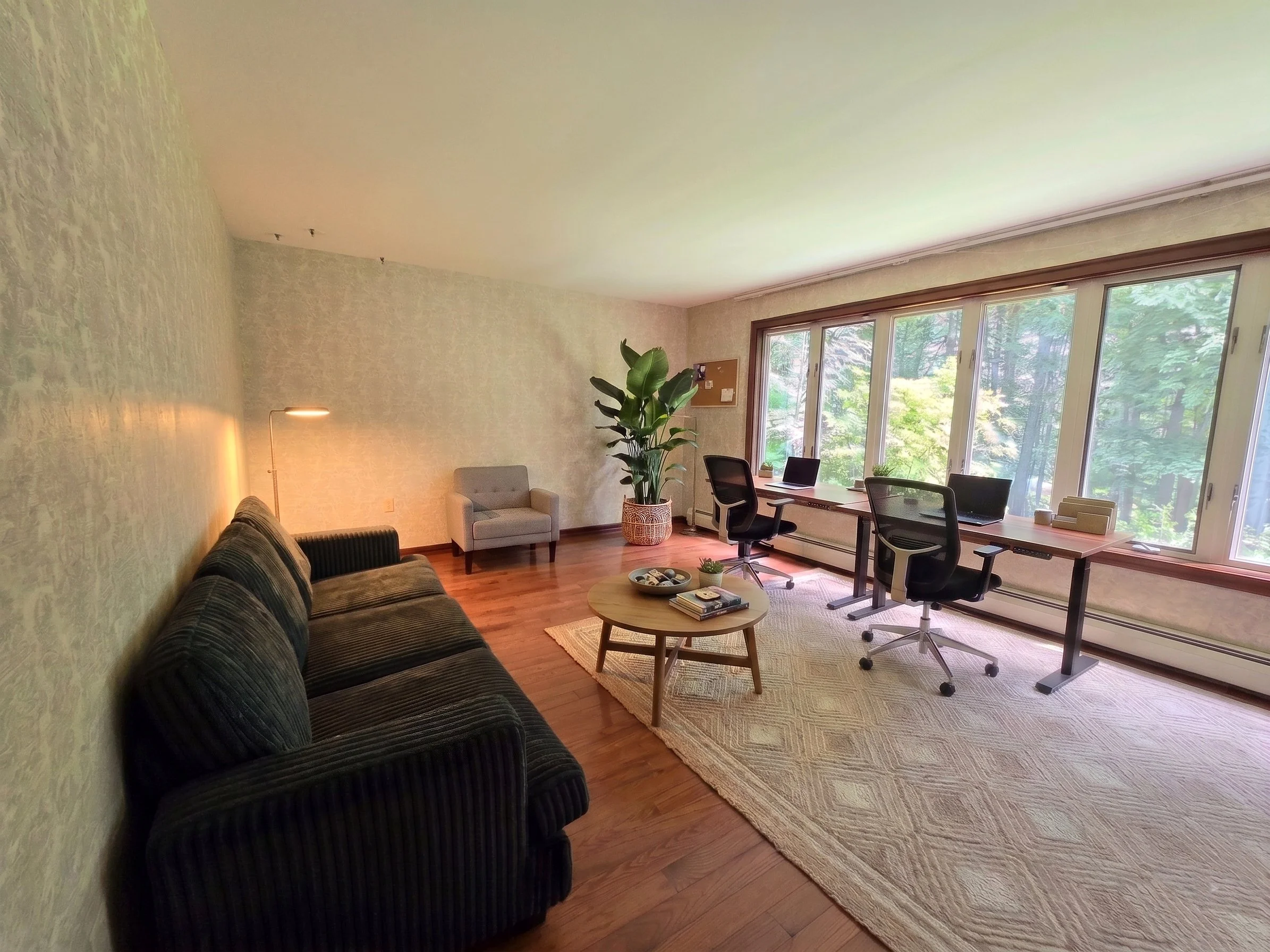 Spacious office and meeting room at New Soil Sober Living featuring hardwood floors, a comfortable sofa, desks overlooking woodland trees, and warm lighting in Northeast PA