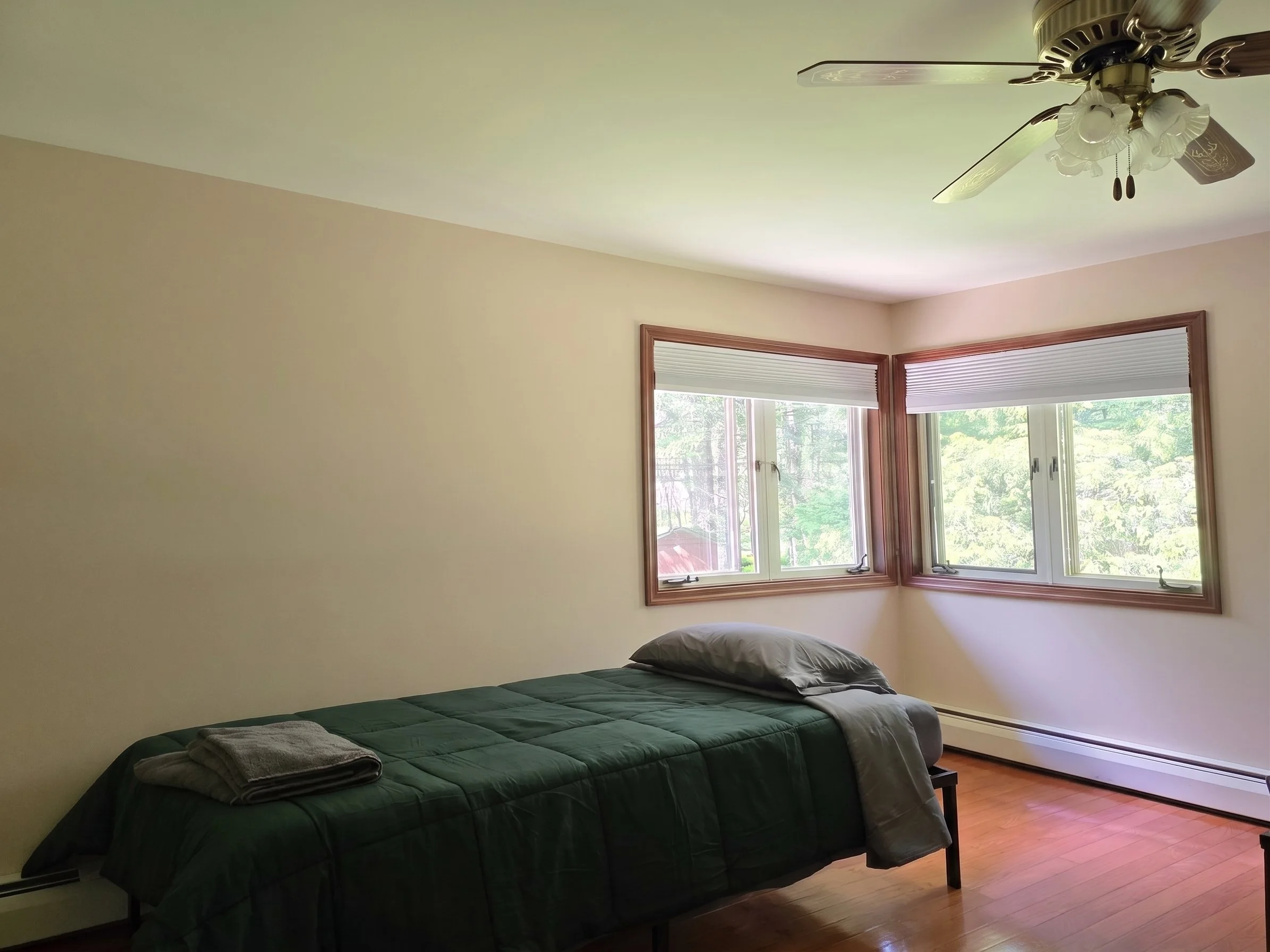Bright, spacious sober living bedroom with natural sunlight, hardwood floors, a single bed with green comforter, and large window.