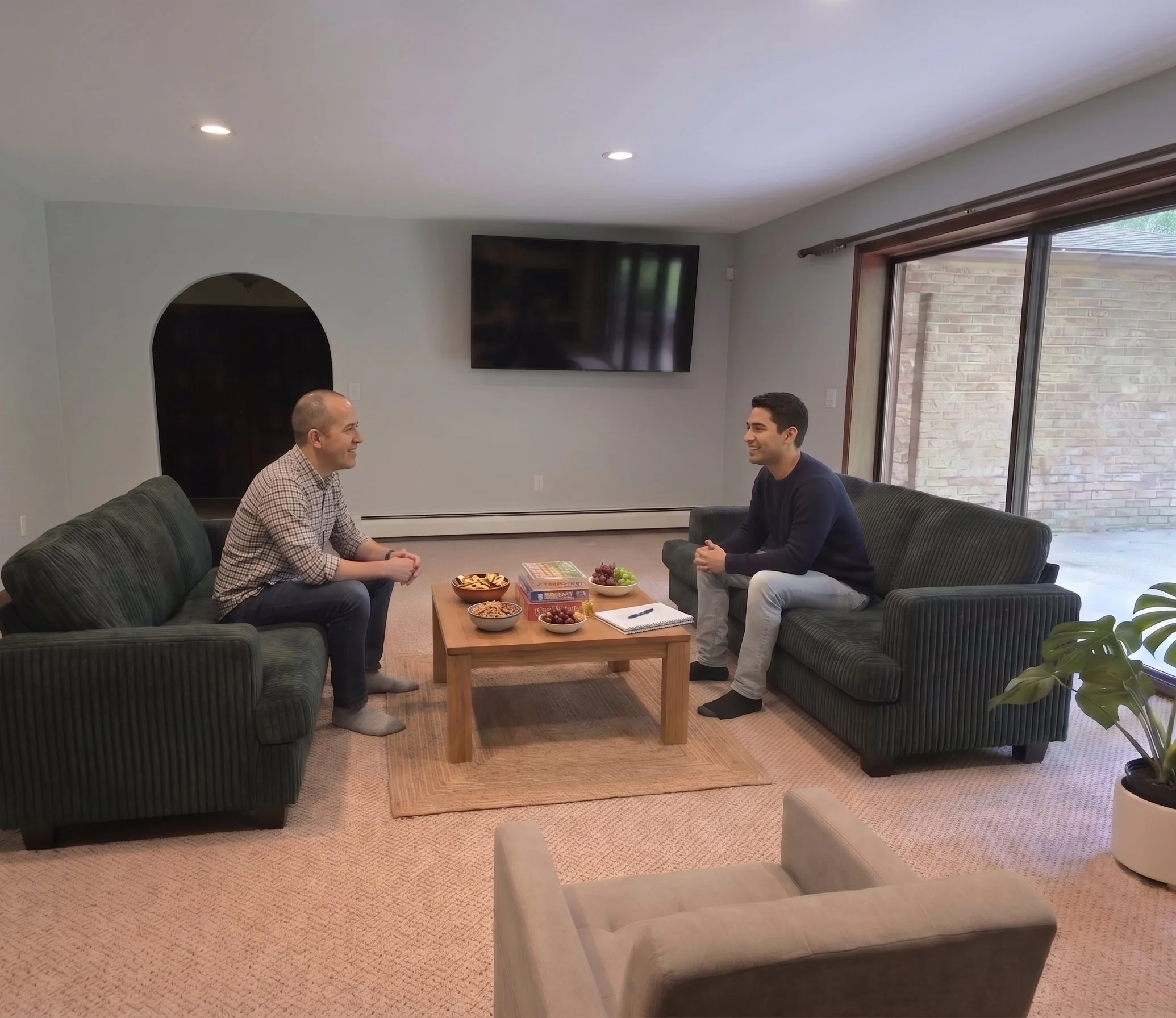Two men participating in a peer recovery chat and discussion in the comfortable living room of New Soil Sober Living in the Pocono Mountains PA