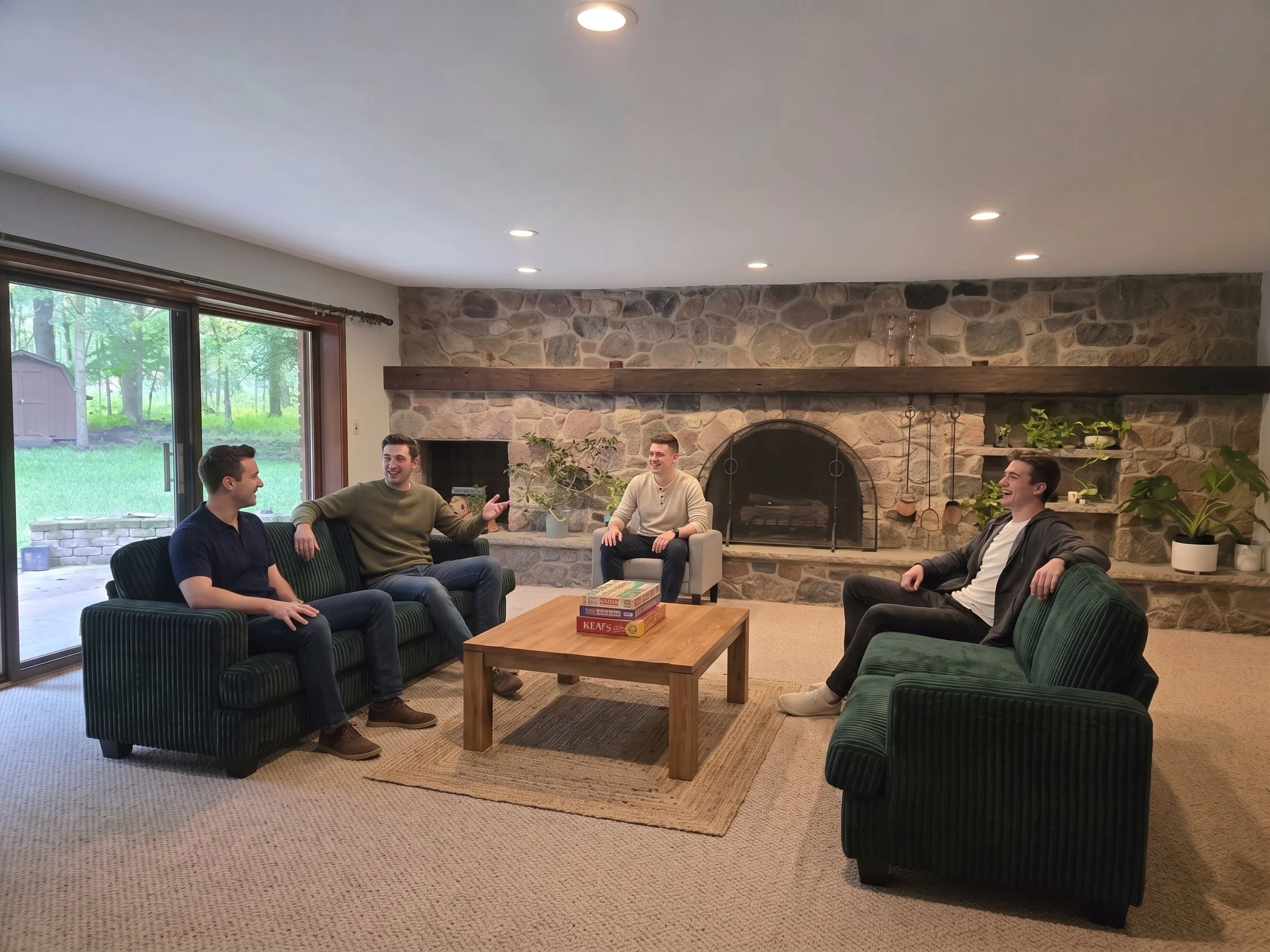 Four young men relaxing, talking, and laughing together in a warm, spacious sober living home living room with a large stone fireplace.