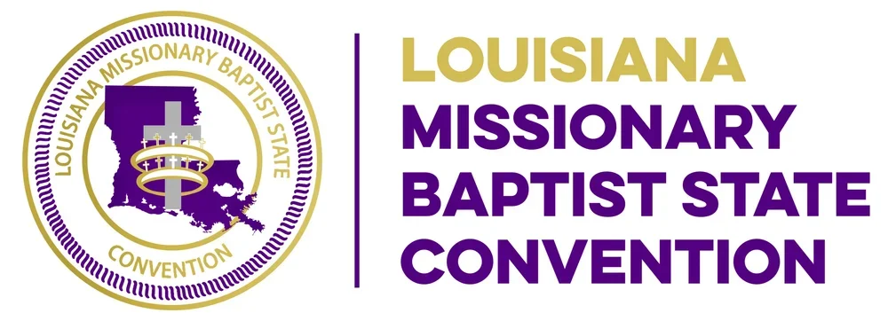 Logo of the Louisiana Missionary Baptist State Convention featuring a purple silhouette of Louisiana with a gold crown of thorns and crosses inside, and the text "Louisiana Missionary Baptist State Convention" in gold and purple on the right.