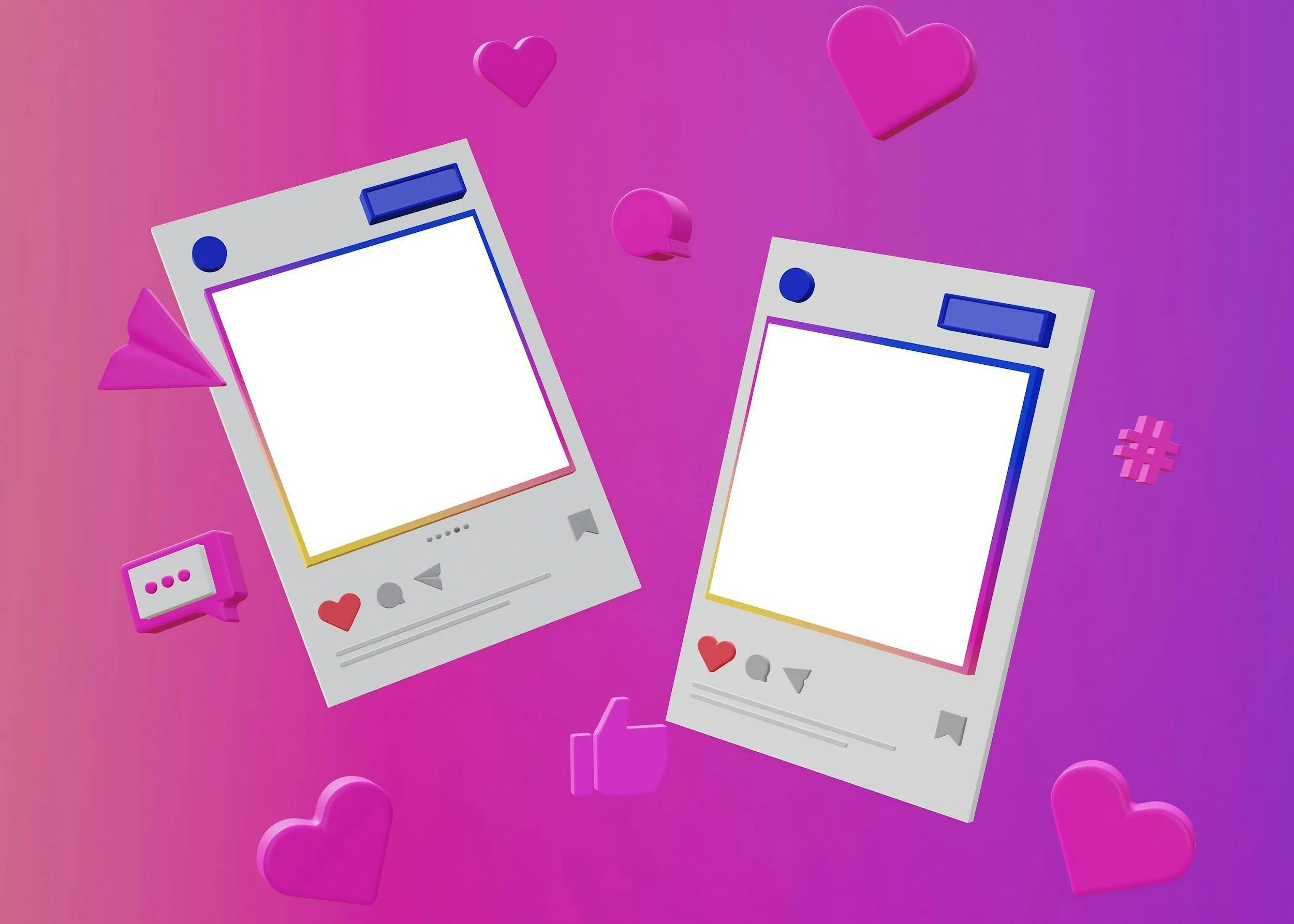 Digital illustration of two social media posts with heart, comment, and like icons, floating around a pink and purple background with 3D hearts and speech bubbles.