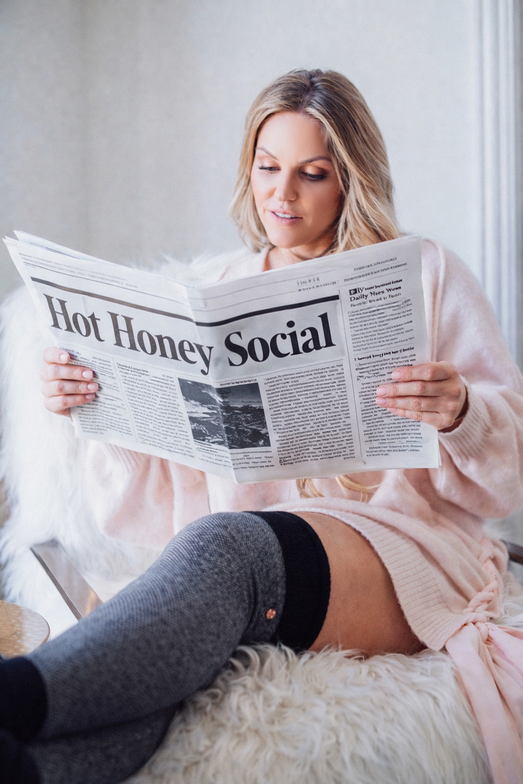 A woman with blonde hair sitting on a fluffy surface, reading a newspaper titled 'Hot Honey Social,' wearing a pink sweater and gray thigh-high socks.