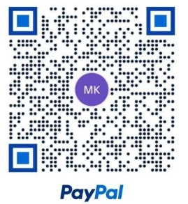PayPal QR code with a purple circle in the center labeled 'MK' and the PayPal logo at the bottom.