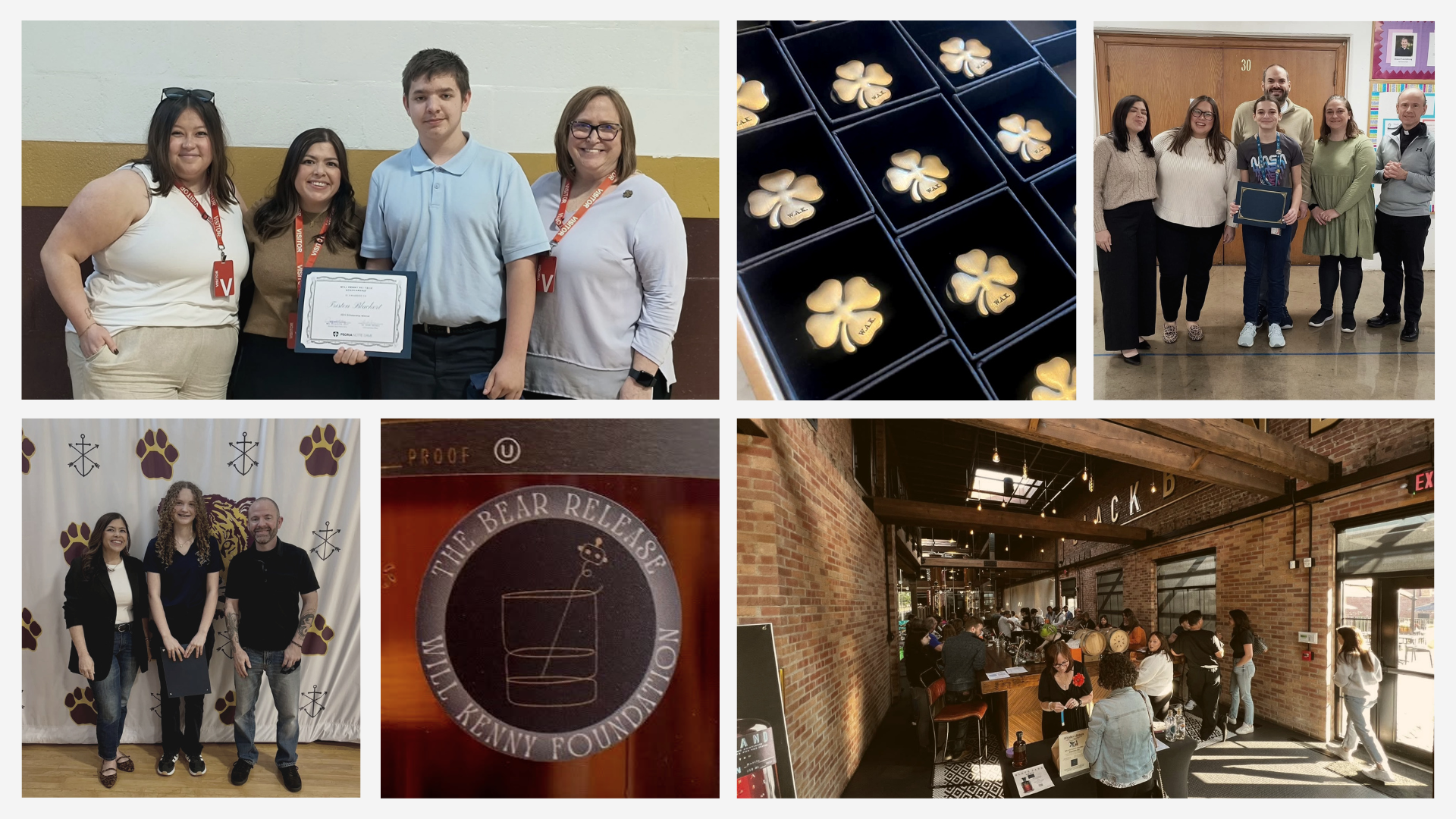 A collage of images including group photos of people at an event, gold four-leaf clover pins, a logo for The Bear Release, a decorated wall with paw prints and anchors, a bar or restaurant interior with people dining, and a sign for Blackbird.