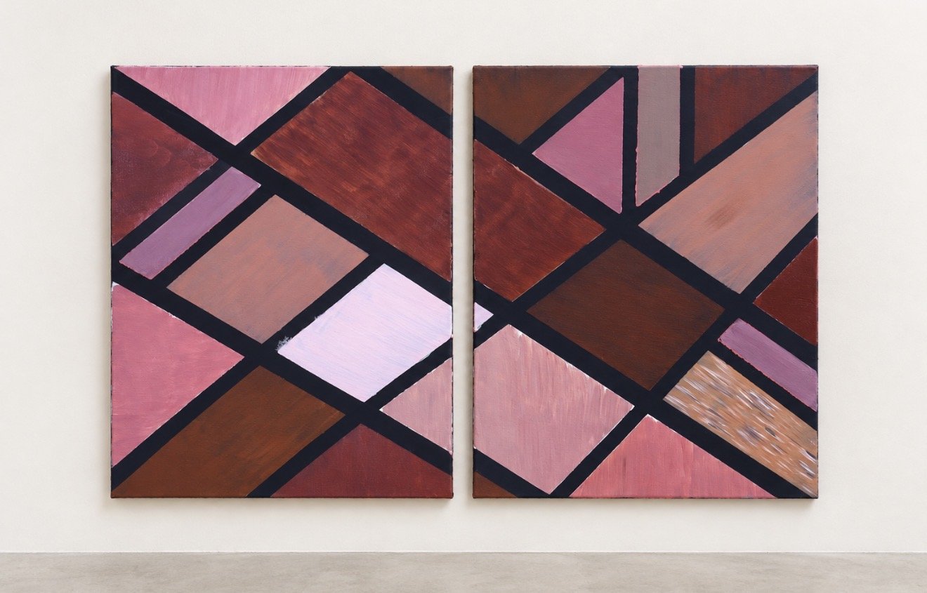 This abstract diptych is organized through intersecting black bands and irregular fields of rose, rust, brown, and muted pink. The geometry continues conceptually across the two canvases without forming a perfect match, creating tension between conne